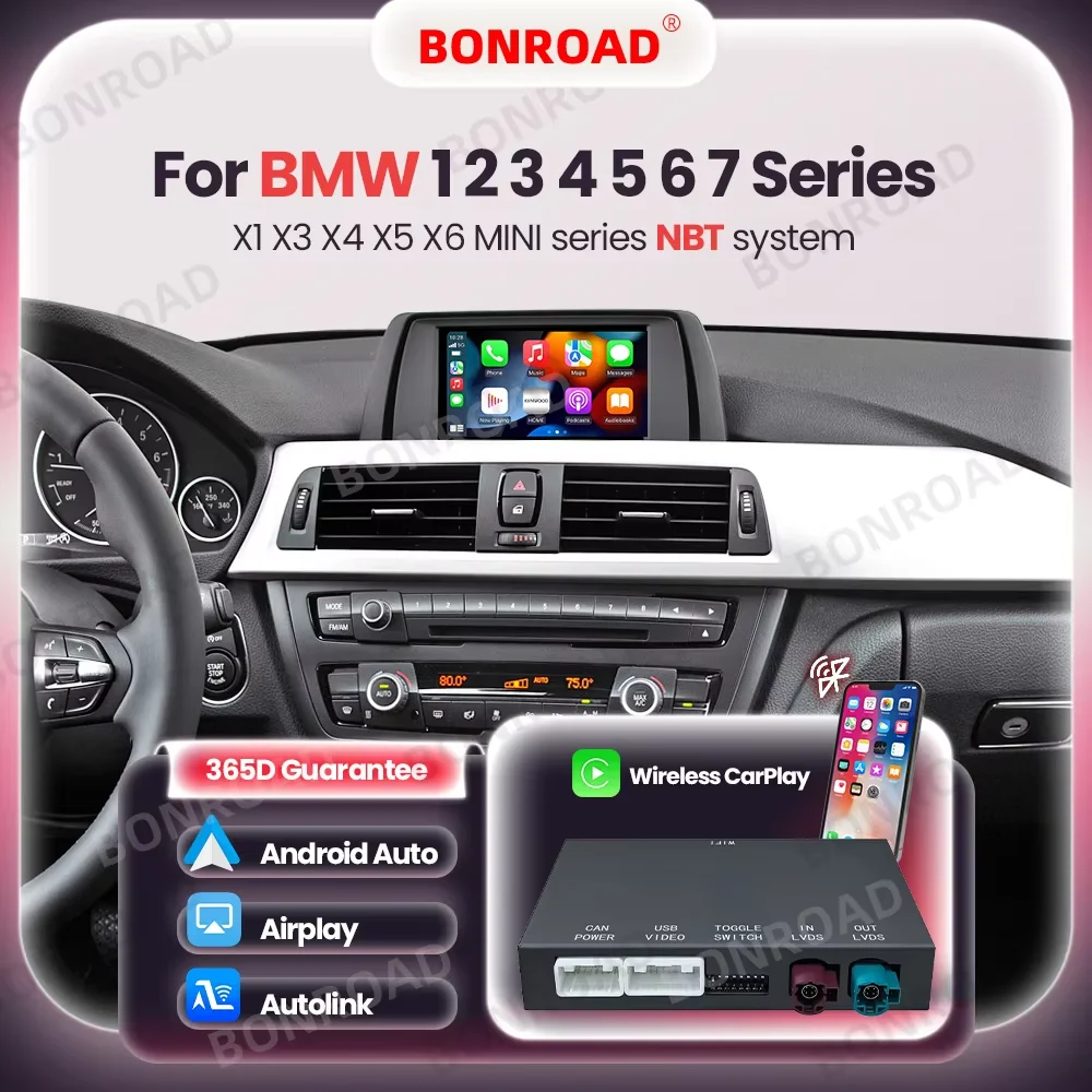 BONROAD Wireless CarPlay Android Auto Retrofit Adapter Box Fit BMW F10 F11 F01 F56 F25 F20 F21 F22 F23 F30 F31 F32 F33 F34 F36 NBT System Support AirPlay Mirror Link Bluetooth Handsfree Call Online GPS Navigation Module