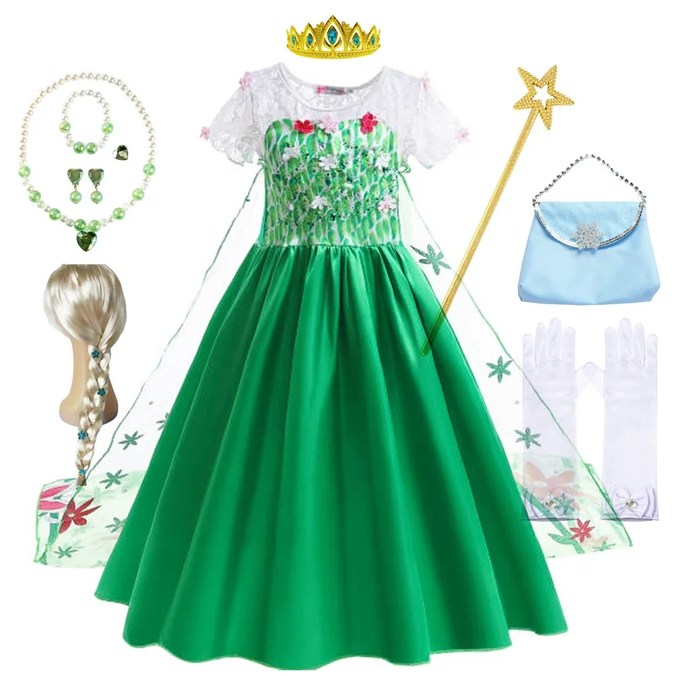 Elsa Cosplay Kids Clothes Princess Dress for Baby Girls Green Dress Floral Elsa Costume