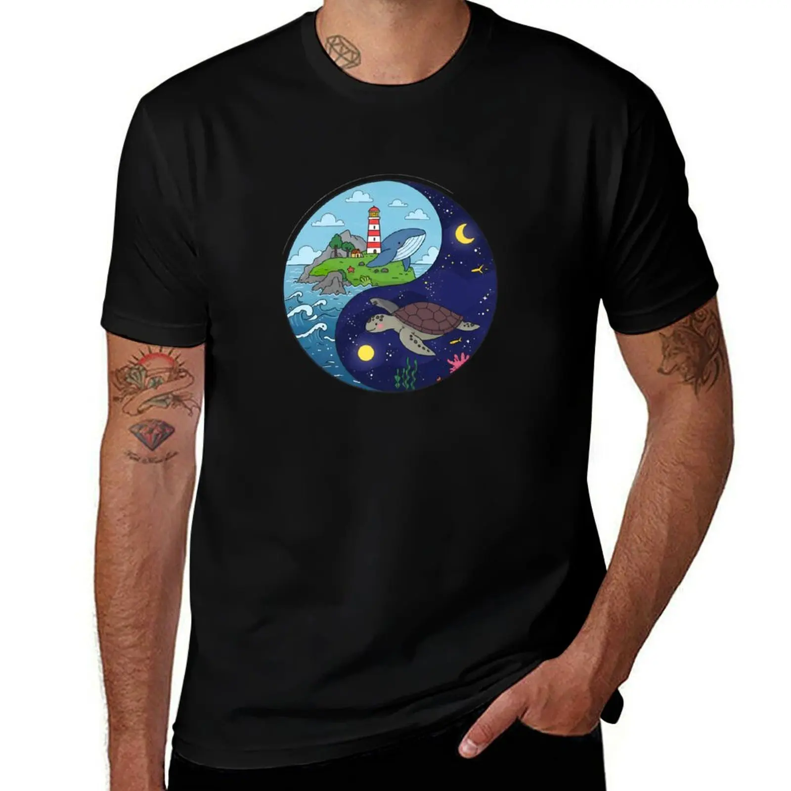 

Ocean Yin Yang Whale and Turtle Harmony T-Shirt plus size clothes cotton graphic tees black t-shirts for men