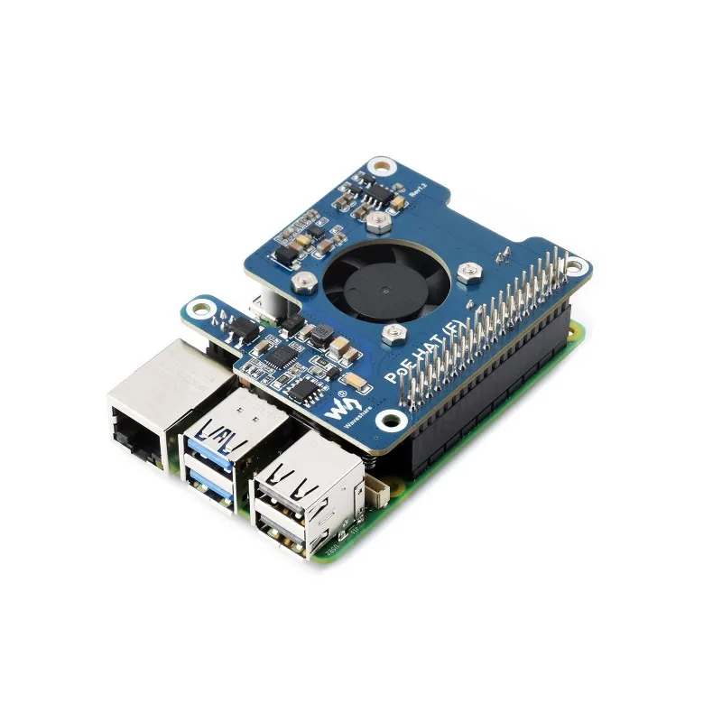 Waveshare Power Over Ethernet HAT (F) For Raspberry Pi 5 / CM 5, High Power, Onboard Cooling Fan, With Metal Heatsink