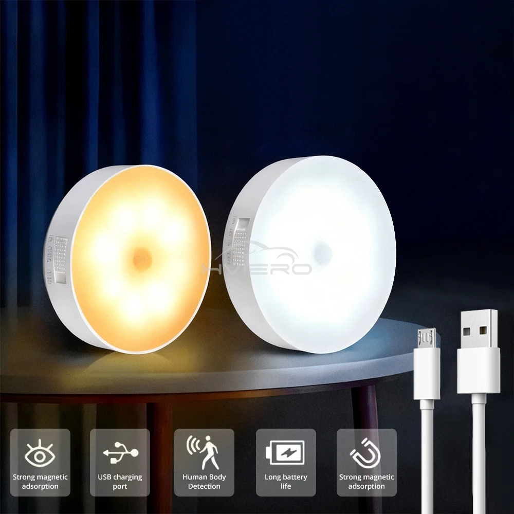 2X Wireless Round Night Lights Motion Sensor USB Charging Led Wall Lamp Bedroom Decoration Staircase Cabinet Wardrobe Lighting