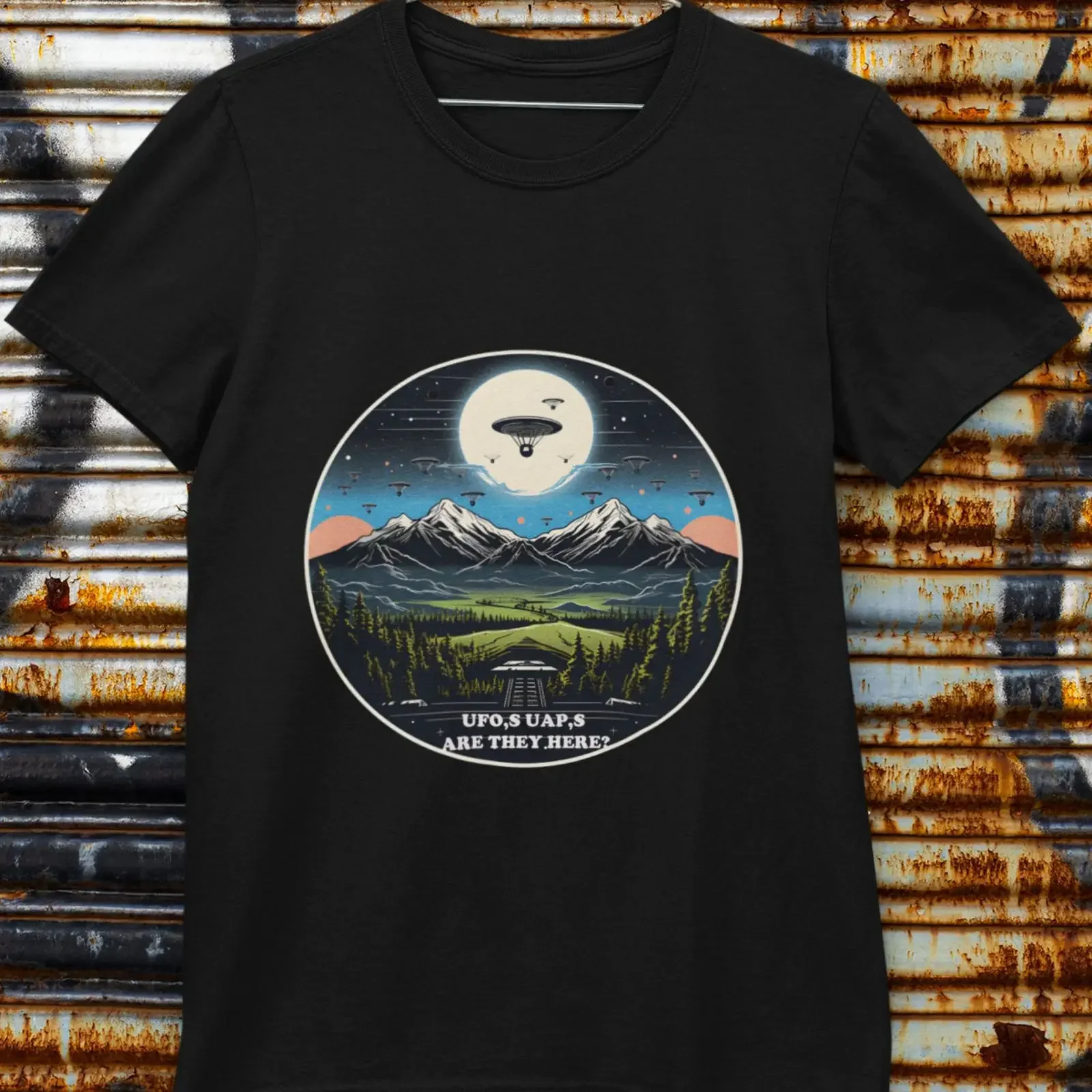UFO Mountain Range T Shirt Extraterrestrial Greetings vintage Washed streetwear Casual Versatile Stylish designer clothes Soft