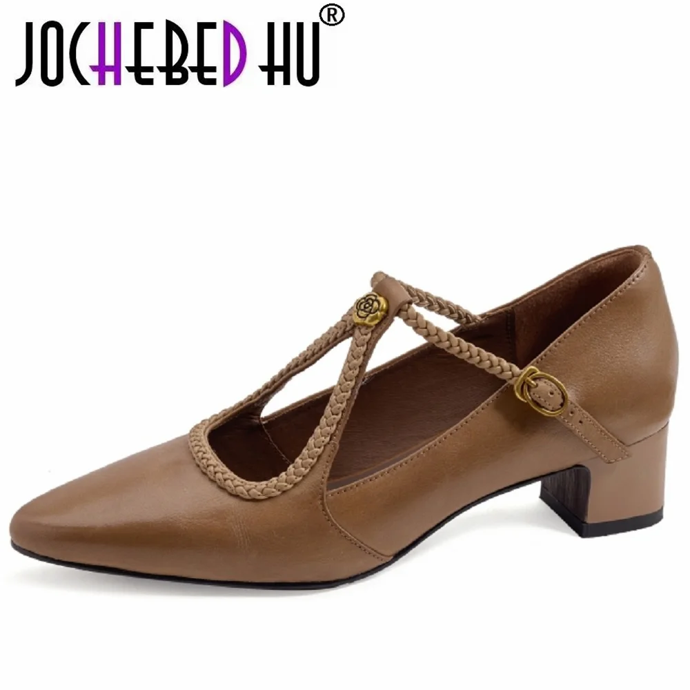 

【JOCHEBED HU】Женские туфли ручной работы из натуральной кожи, мягкие и удобные пикантные вечерние туфли с острым носком и Т-образным ремешком на среднем каблуке, полые туфли 34-40