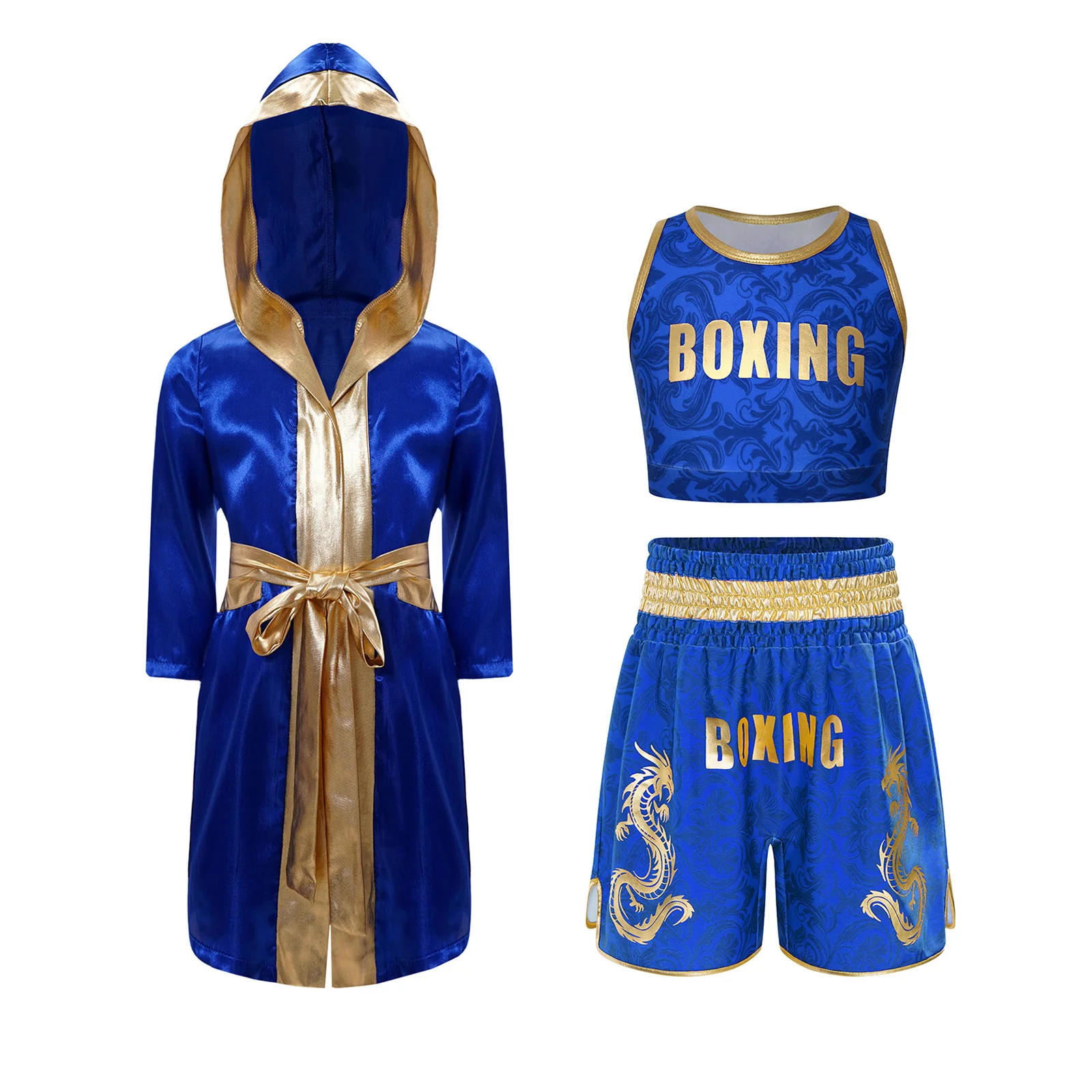 Kinder Jungen Mädchen Metallic-Verzierung Kampf-Boxoutfit mit Kapuze, Boxermantel und Gürtel, Blumenmuster-Weste mit elastischem Bund und Shorts – Detail 12