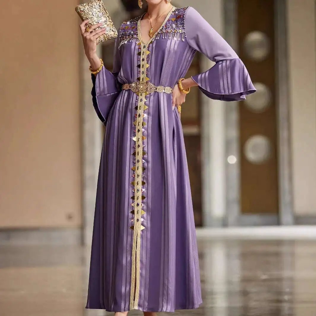 

Ba4137 Fashion v Neck Long Sleeve Muslim Handmade Beading Dress Elegant Abaya Robe Abaya Ramadan Dubai Luxury Islam Elegant