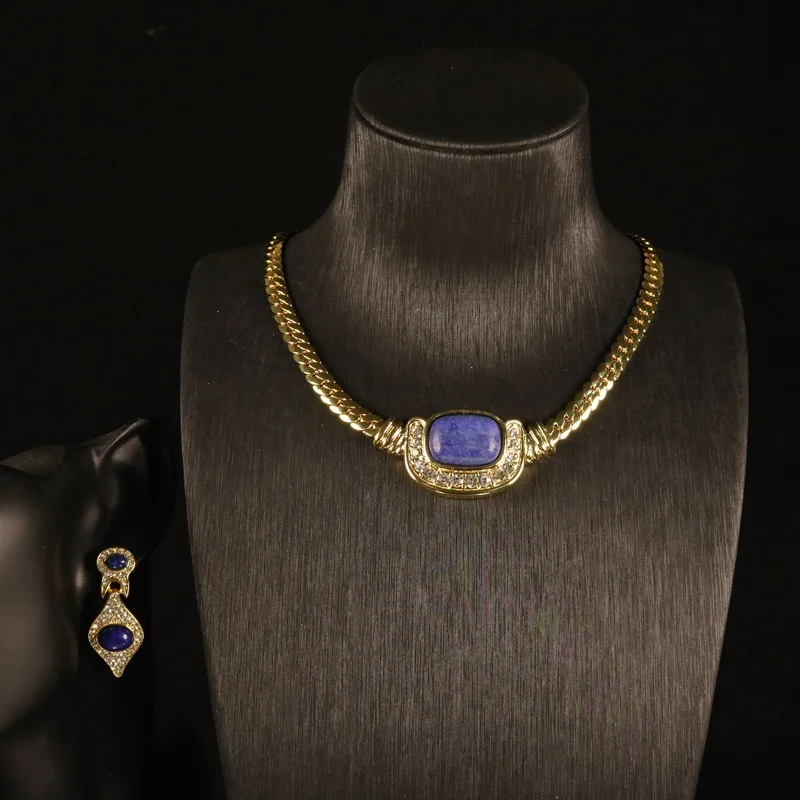 

Palace Style Dense Inlaid Diamond Lapis Lazuli Necklace Set With Electroplated Genuine Gold French High-End Jewelry