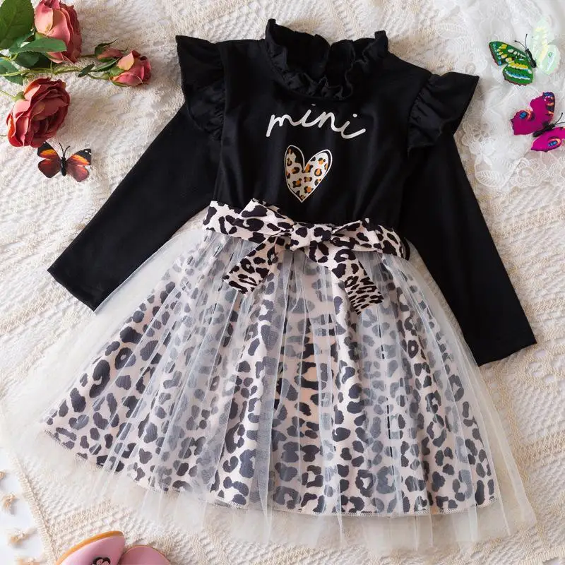 Autumn and Winter Girls' New Leopard Print Heart Printed Belt with Bow and Mesh Long Sleeved Fashionable Runway Dress