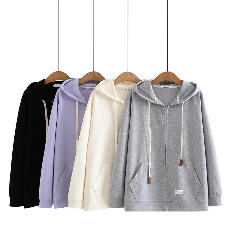 2022 Autumn Women Clothing Plus Size Hoodie LOOSE Labelling Solid Color Hooded Sweatshirt Casual Long Sleeve Zipper Tops