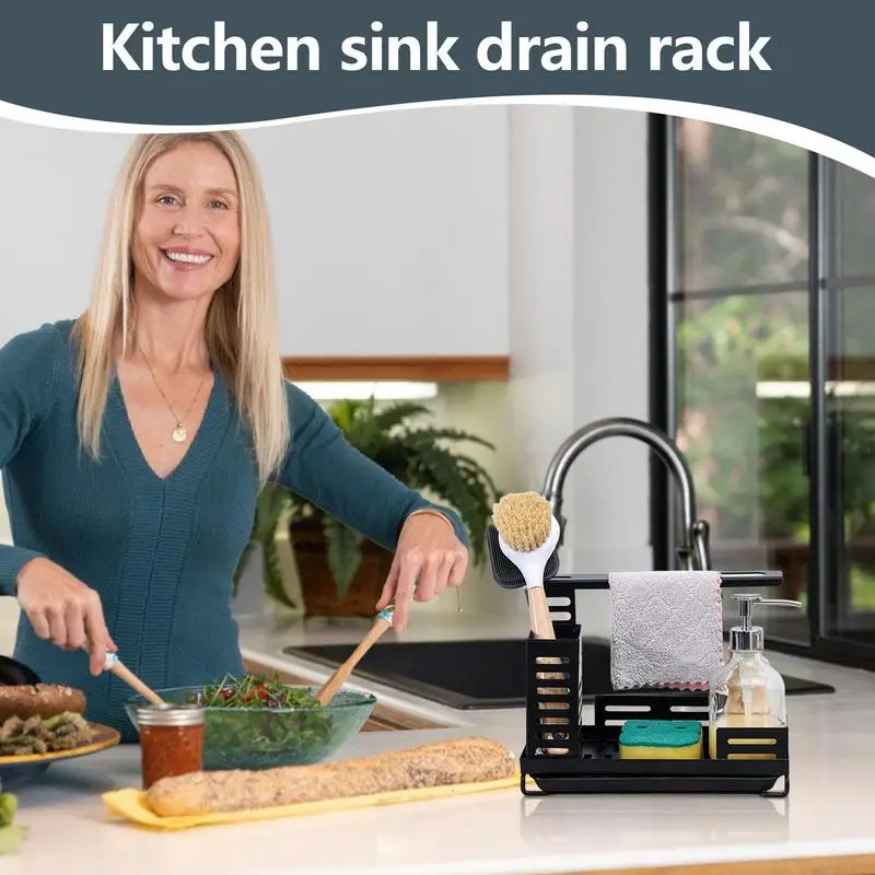 

Sink Rack Dish Drying Rack Sink Organizer Carbon Steel Height Adjustable Kitchen Accessories Sponge Holder With Drain Tray For