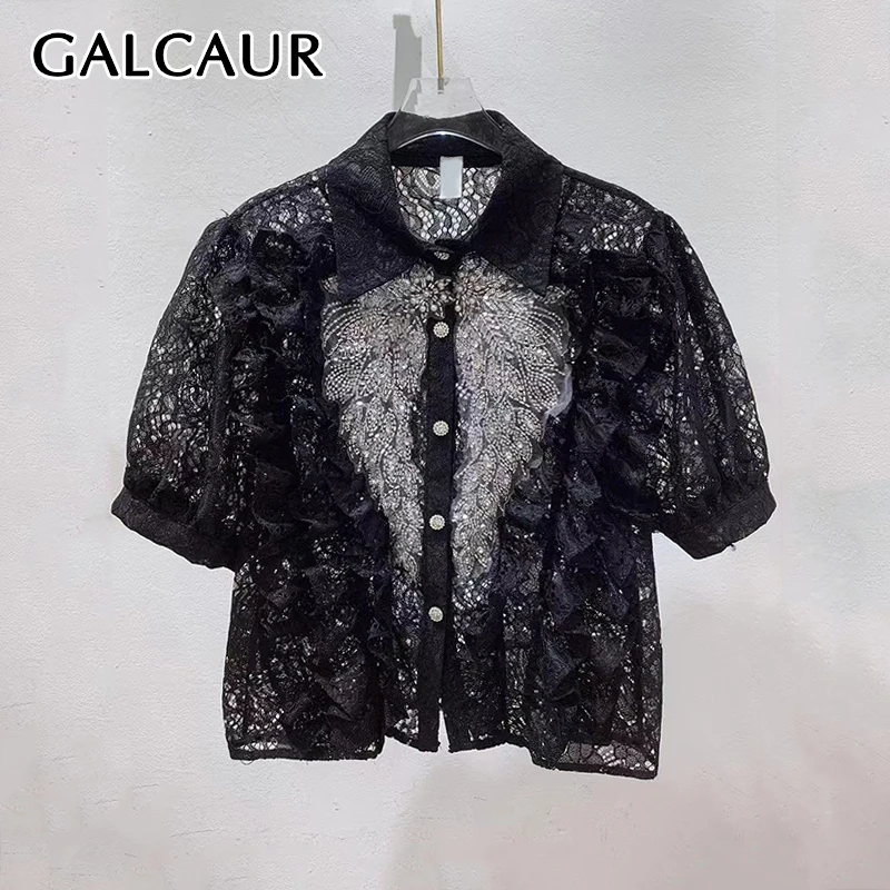 

GALCAUR Solid Lace Spliced Bead Shirts for Women Lapel Short Sleeves Patchwork Hollow Out Elegant Shirt Female Fashion Clothing
