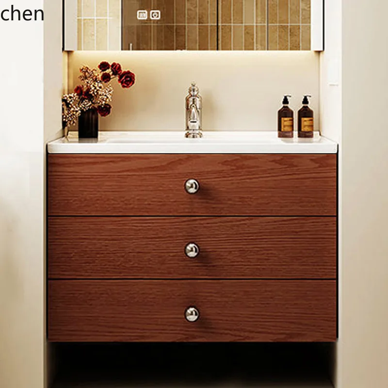 PYH Stainless Steel Vintage Style Retro Wood Bathroom Cabinet Set with Ceramic Integrated Basin Washstand Factory