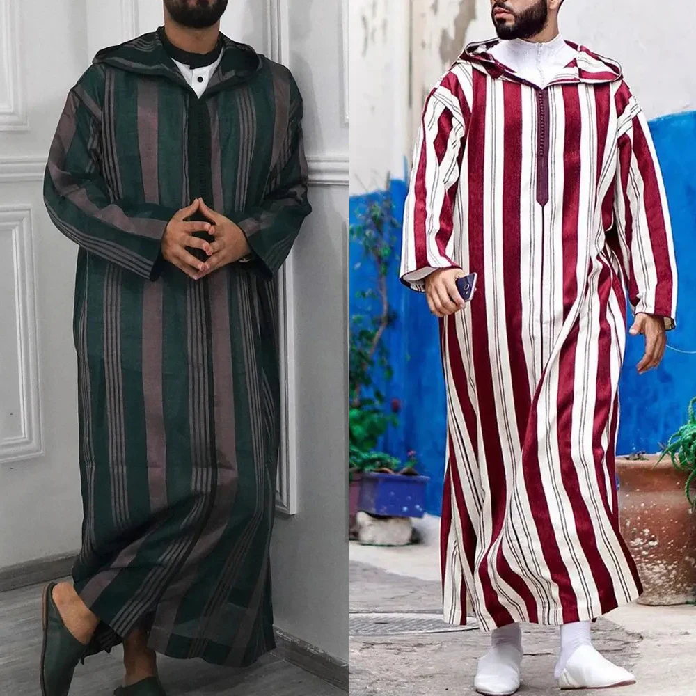 

Men's Muslim Robes Islamic Arabia Fashion Patchwork Striped Long Sleeve Zipper Hooded Robes Casual Loose Robes Street Wear