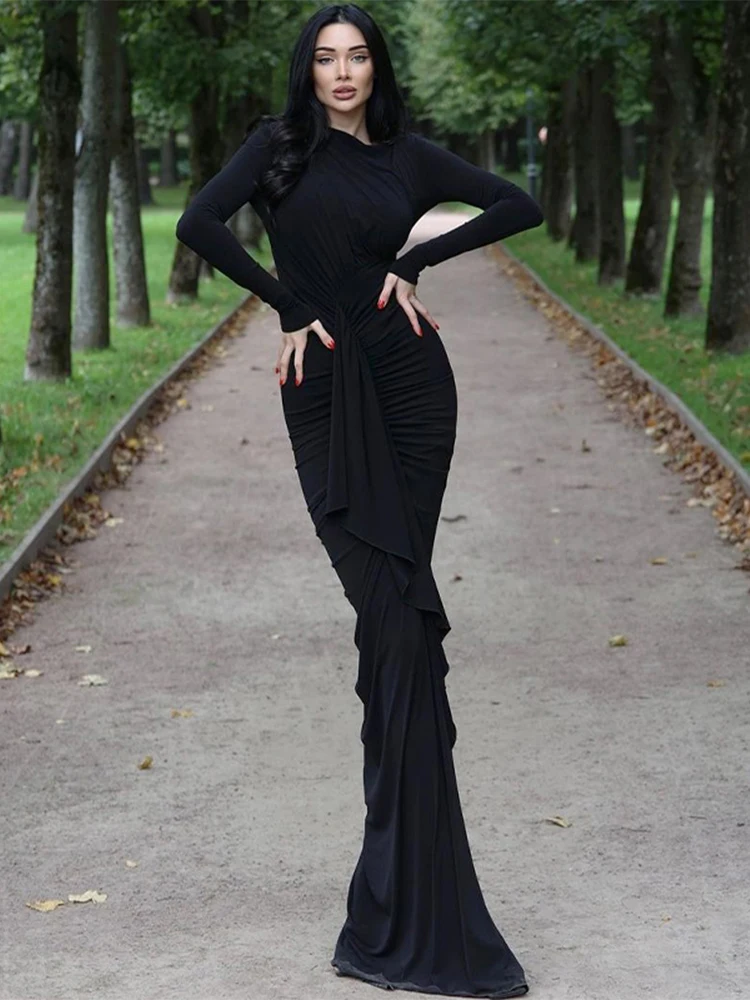 Hawthaw Women 2024 Spring Autumn Fashion Long Sleeve Solid Color Basic Bodycon Black Long Dress Wholesale Items For Business