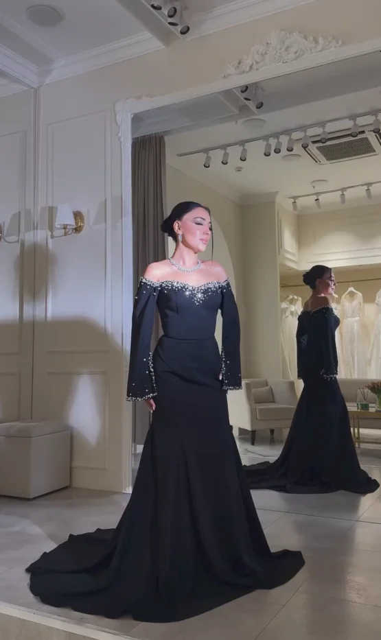 تخصيص مثير خارج على الكتف فستان حفلات المرأة مطرز أسود حفل زفاف مساء فستان الطابق طول فساتين المناسبات الخاصة #2