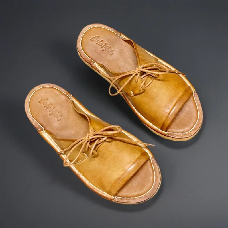 High End Premium Genuine Leather Outside Half Slippers Men's Beach Shoes Summer Washed Cowhide Sports Sandals Male Youth