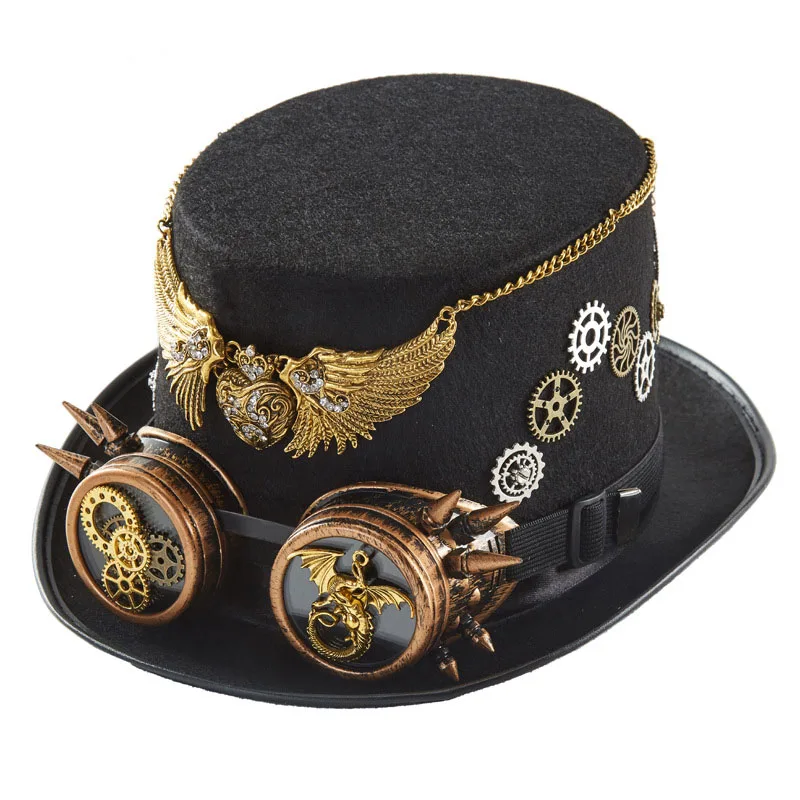 New 2026 Vintage Gothic Steampunk Top Hat With Gear Wing Goggle Decor Halloween Hat  Men Women Cosplay Costume Accessory Caps