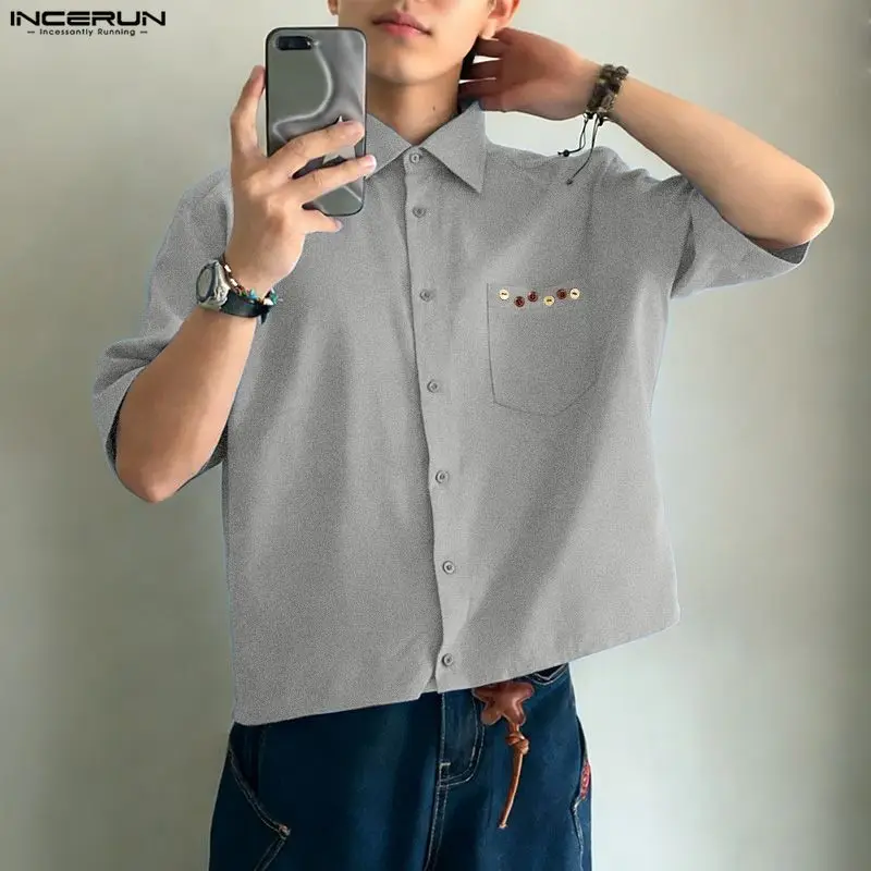 

Men's Shirt INCERUN Solid Color Streetwear Lapel Short Sleeve Tops Summer Men Clothes Loose Korean Style Fashion Shirts For Man