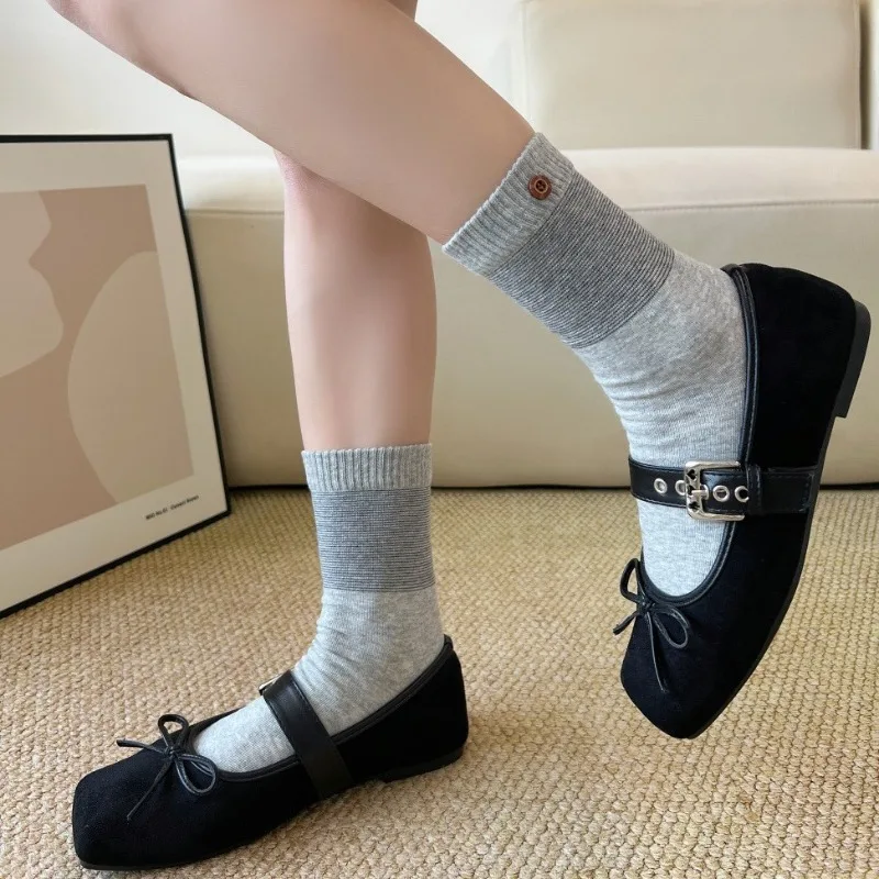 Korean Style Button Slouch Socks Mid-Calf Pure Cotton Striped Crew Socks Preppy Campus Long Socks for Women Girls Autumn Winter