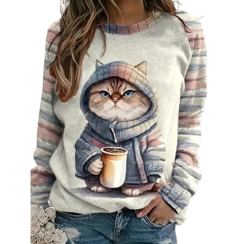 Plus Size 1XL-5XL Women's Fashionable Round Neck Hoodies Ladies Casual Cartoon Printed Casual Long Sleeved Comfortable Hoodie