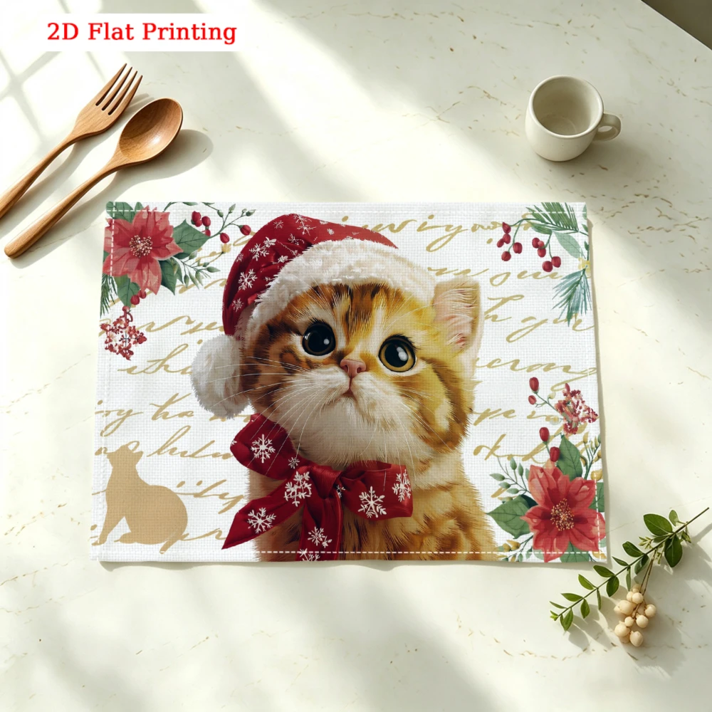 Cute Kitten Wearing Santa Hat Kitchen Placemat Coaster Linen Pad Dish Coffee Cup Table Mat 30x40cm Home Decor