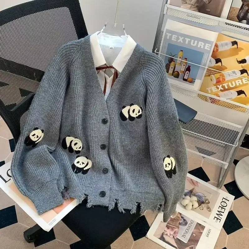 Panda Stickerei Adrette Strickjacke Mantel Frauen Kleidung Sueter Mujer Mode Koreanische Y2k Pullover Jacke Tops Herbst
