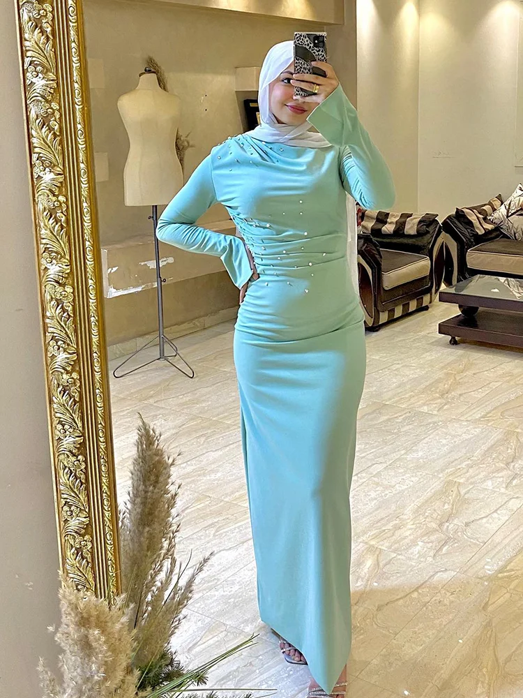 Jirocum Mermaid Muslim Prom Dress Women's Long Sleeve Party Evening Gown Round Neck Ankle Satin 2024 New Formal Occasion Dresses