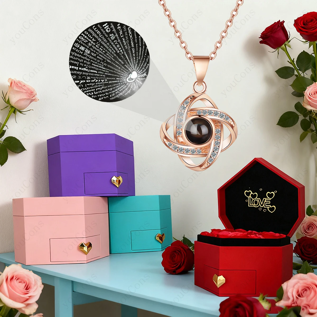 100 Languages Projection Pendant Necklace With Nine Rose 2026 New Jewelry For Woman Mother Girlfriend Birthday Valentine Gift