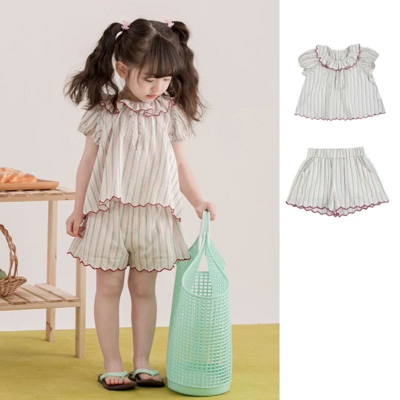 

Girls Short-sleeved Suit 2024 Summer New Fashion Ruffled Girls Homewear Cotton Cute Casual Short-sleeved Children's Clothing