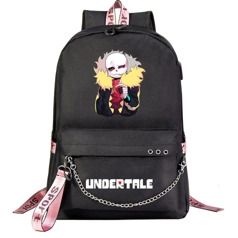 Undertale Skull Anime USB Port Backpack School Student Book Bags Mochila Travel Laptop Chain Headphone