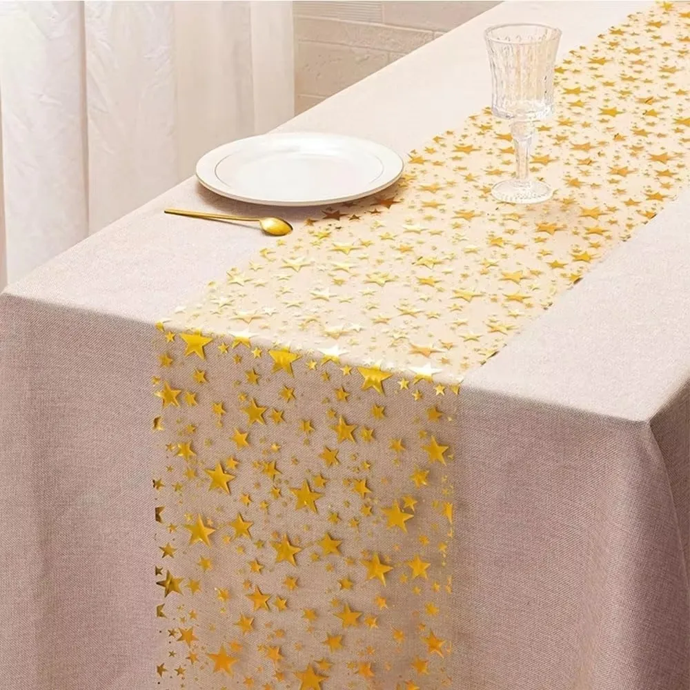 

New Glitter Bling Star Table Runner Thin Mesh Christmas Gift Table Flag Cover Metallic Home Decor Tablecloth For Wedding Party