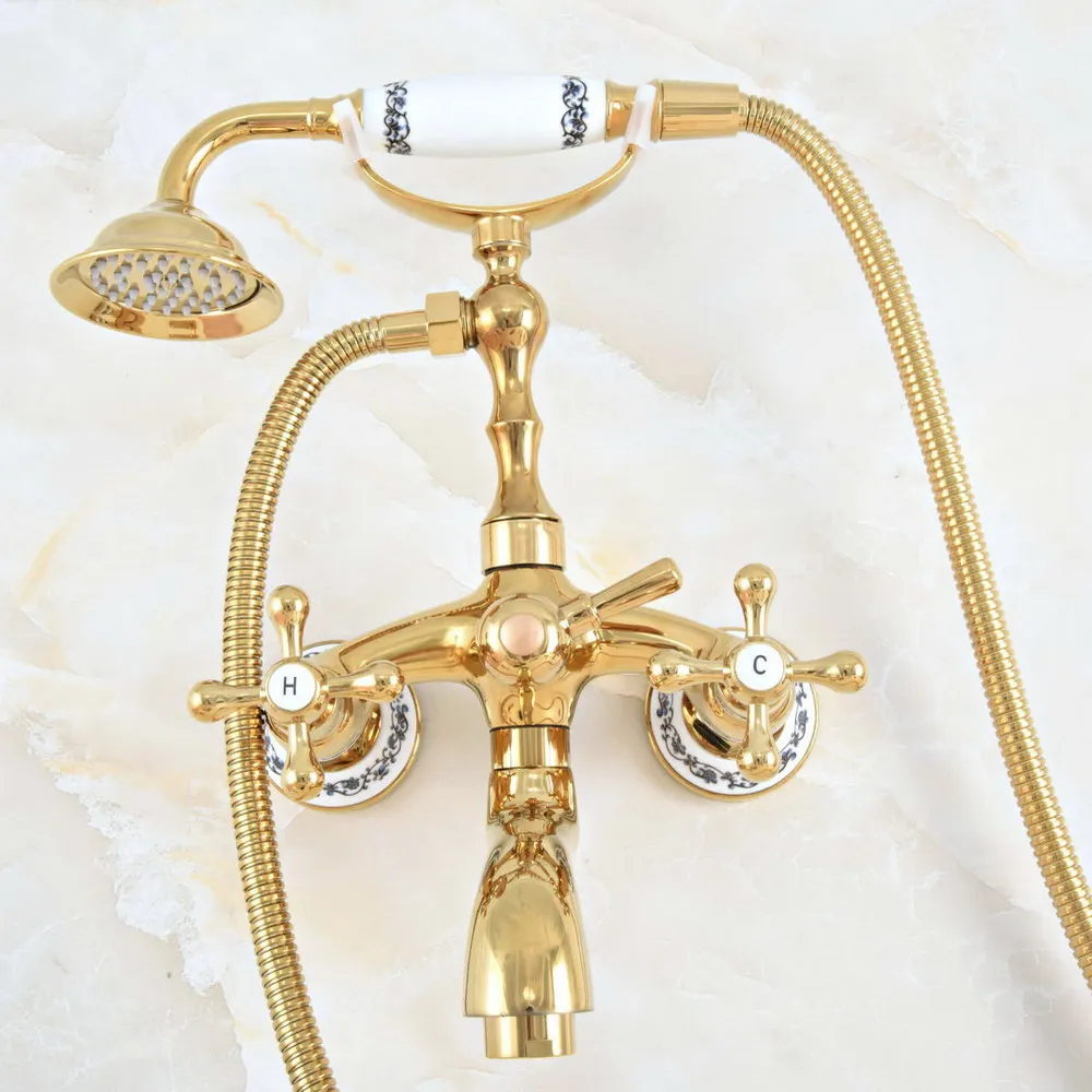 

Contemporary Golden Brass Wall Mounted Bathroom Bathtub Faucet Set with 150CM Hose Hand Held Shower Spray Head Mixer Tap Dna805