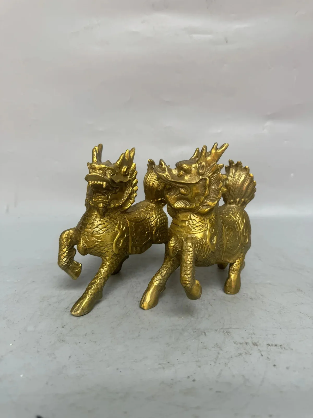 Bronze Gilded Kylin Statue Dragon Head Divine Beast Pair Amass wealth Ornament