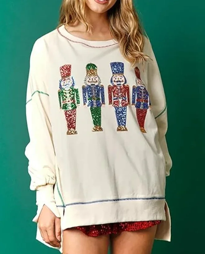 Christmas Sweater Sequin Y2k Nutcracker Graphic Printed Pullovers Round Neck Long Sleeve Streetwears Autumn Winter Oversize Tops