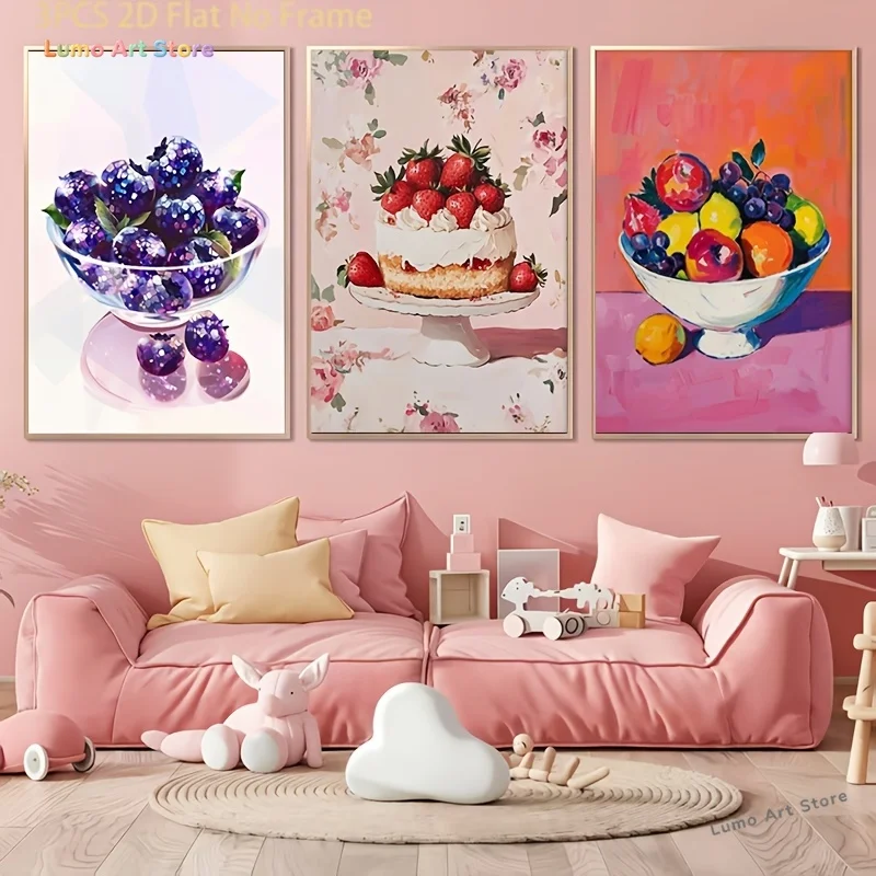 2D Flat, Posters & Prints Decorative Painting 3 Sets, 2D Plane, Canvas Painting Disco Blueberry Print Kitchen Art Print Trend