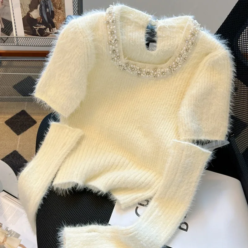 

Autumn Winter High Street Streetwear Pull Femme Square Collar Diamonds Beading Knit Jumpers Detachable Long Sleeve Sweater Y2k