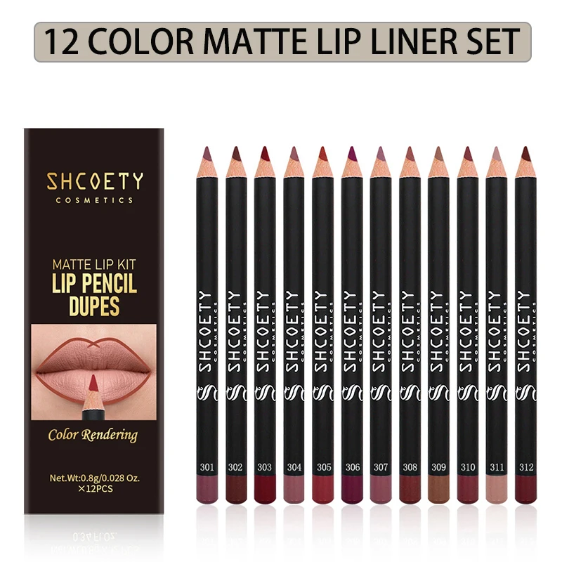 12pcs Matte Lipstick Lip Liner Set, 12 Colors, Nude, Velvet, Matte, Soft Mist, Long-Lasting, 0.8g*12