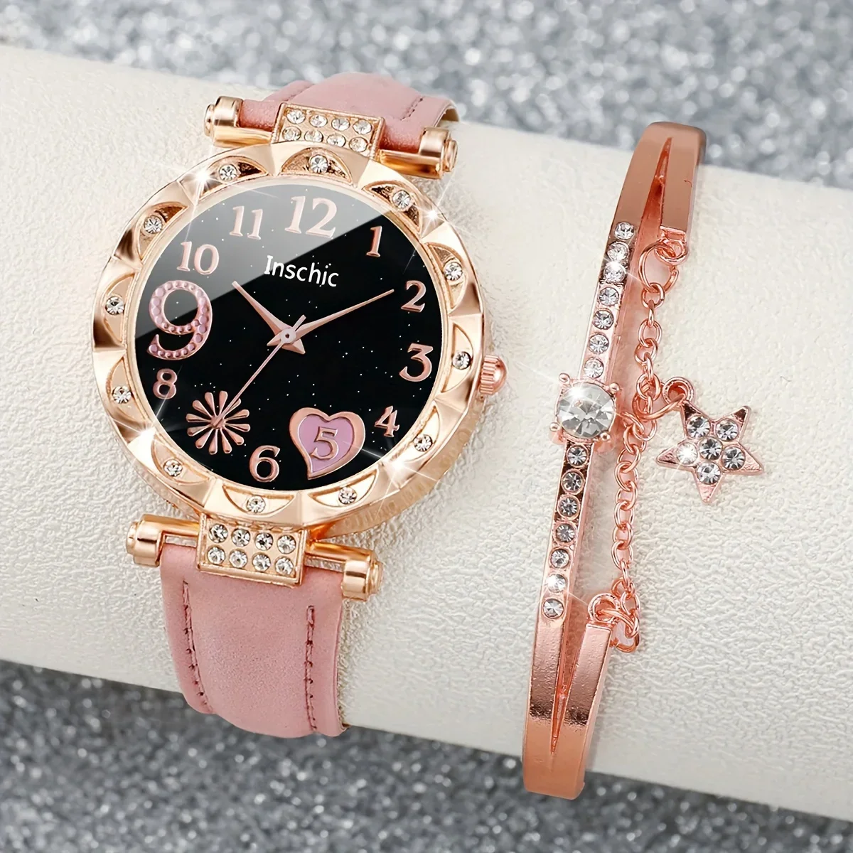 2 Pcs Pink Quartz Watches PU Leather Strap Zinc Alloy Pointer And Bracelet Jewelry For Women Not Include Watch Box