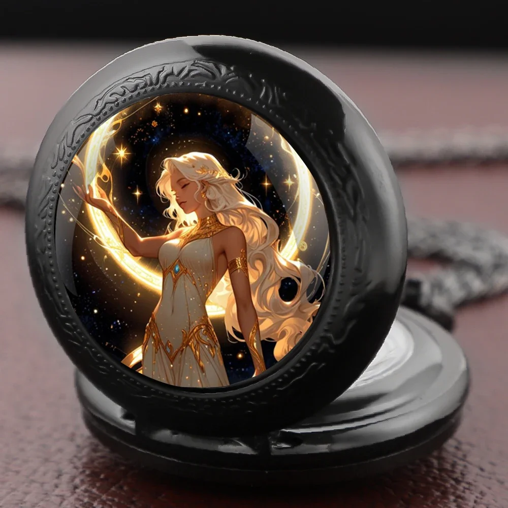 Glass Dome Pocket Watch with Starry Lunar Goddess Fashion Pendant Children's Jewelry Gifts Men Women's Clock Reloj De Bolsillo