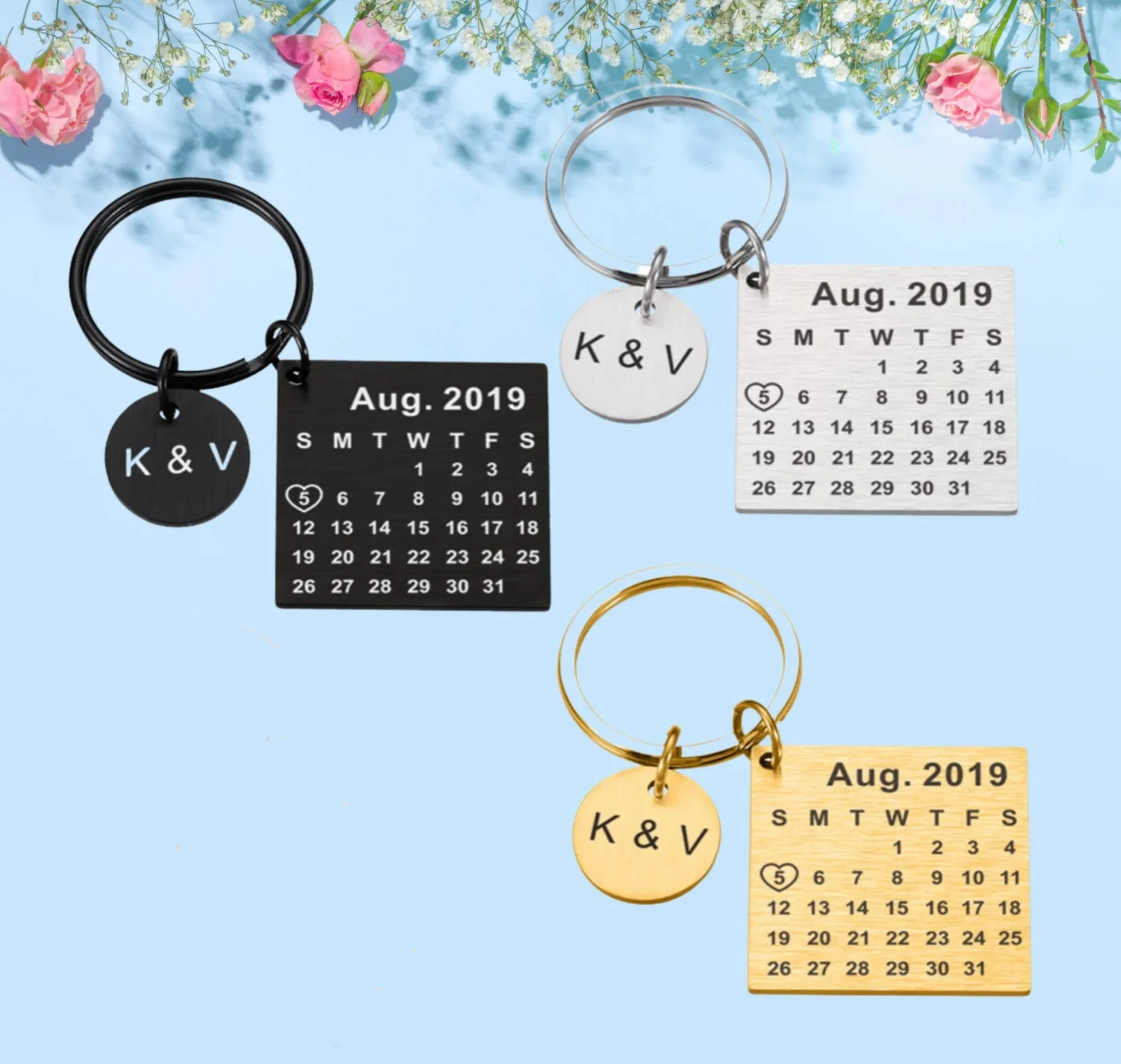 

Personalized Custom Name Calendar Engraving Date Text Keychain Heart Pendant Stainless Steel Keyring Couple Anniversary Gift