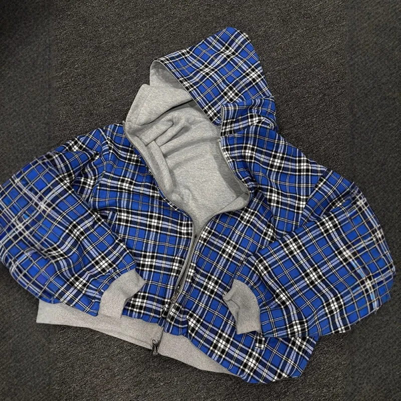 Korean double-sided zipper hooded jacket, fashionable top, checkered Y2K street spring and autumn fashion sweatshirt