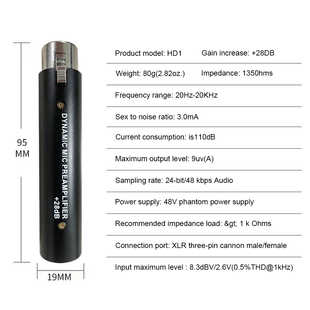 In-line Microphone Pream Low Noise Gain Amplifier XLR Connection Port Plug and Play Mic Preamplifier for Dynamic Microphone