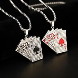 Punk Poker Card Pendant Necklace Full Crystal Playing Cards Red Black Hearts Spades ACE Charm Fashion Jewelry For Women Men