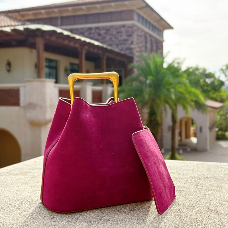 2025 Chic Designer Vintage Women Suede Frosted Leather Bucket Handbag Luxury Metal Handle Tote Bag Trendy Commuter Crossbody Bag view 6