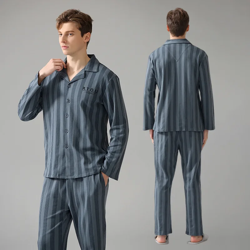 100% Cotton Pajamas Men Summer Autumn Soft Bottoms Set with Pocket 3Pcs Long Sleeve Sleepwear Nightwear Pijama Hombre Oversize