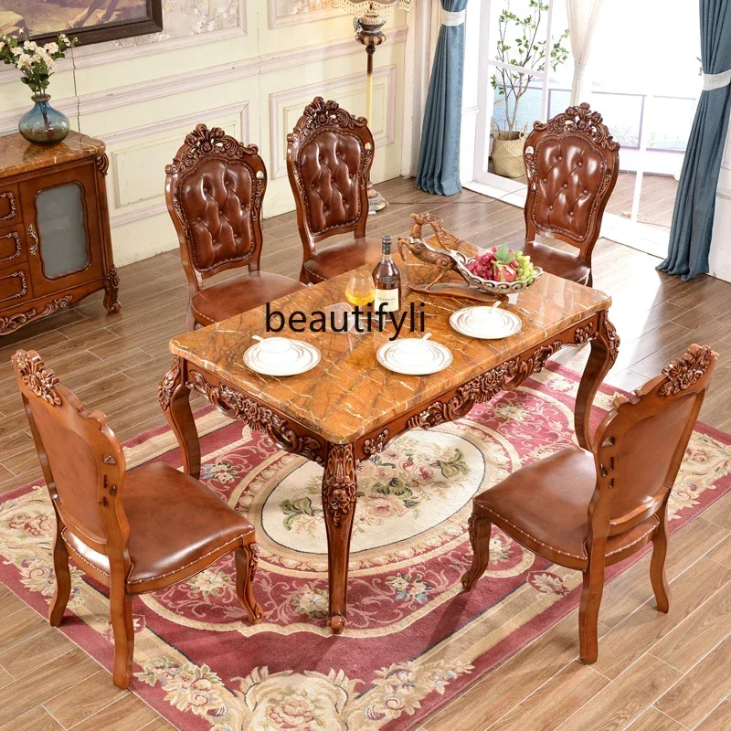 

European square table, American villa restaurant solid wood carving flower set marble rectangle