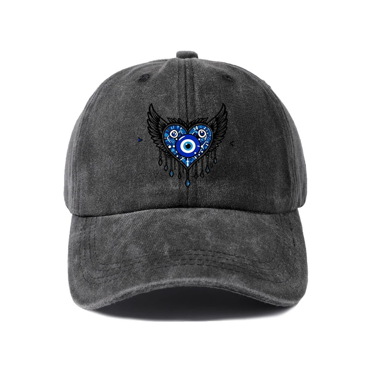 Winged Heart Evil Eye Graphic Baseball Cap, Vintage Washed Adjustable Unisex Dad Hat, Everyday Gift