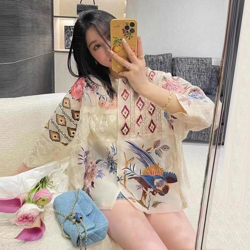 

Шелковая рубашка-жакет из органзы с вышивкой бисером, улучшенный новый китайский стиль, модный женский комплект, осень 2025