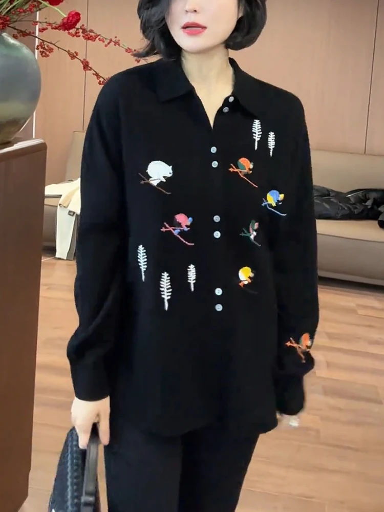 

Trendy Knitted Sweater Large Size Korean Sle Cartoon Embroidery Design Sense Youthful Cardigan Woolen Material Long Sve