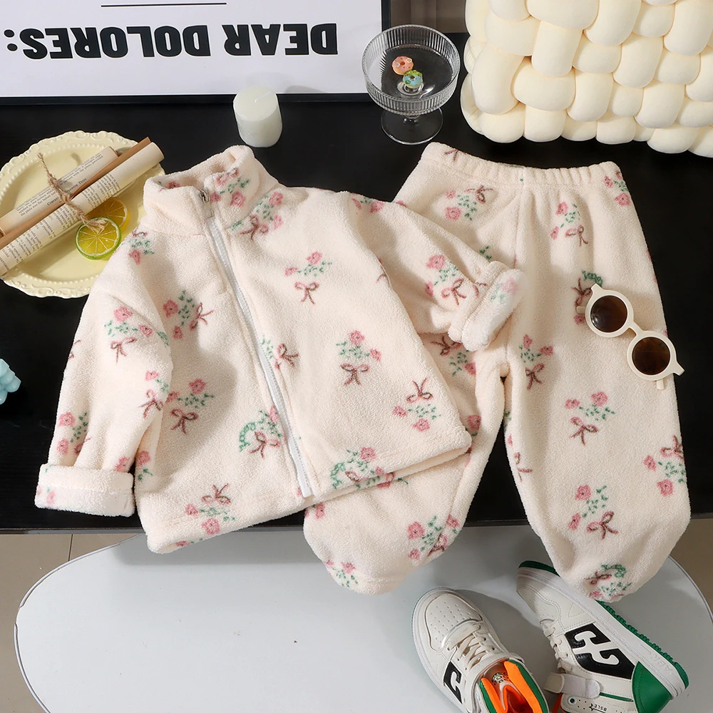 1-11T Fleece Padded Pajamas for Girls Winter Pajamas for Children Cartoon Animal Kids Sleepwear Boys Homewear 2PCS