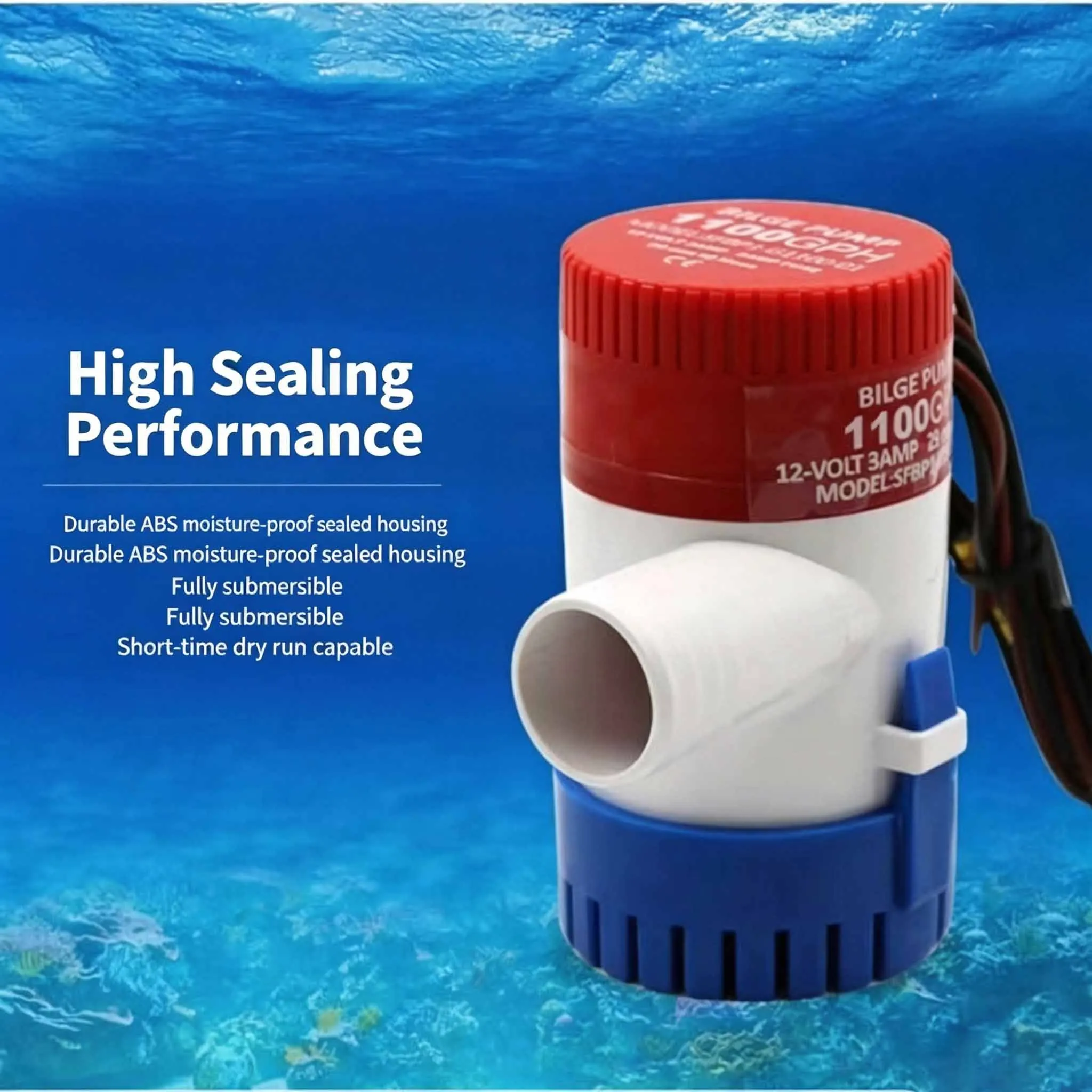 Bilge Pump 12V 24V Submersible Pump 1100/750/500GPH Removable Strainer for Boat Seaplane RV Houseboat Marine Drainage